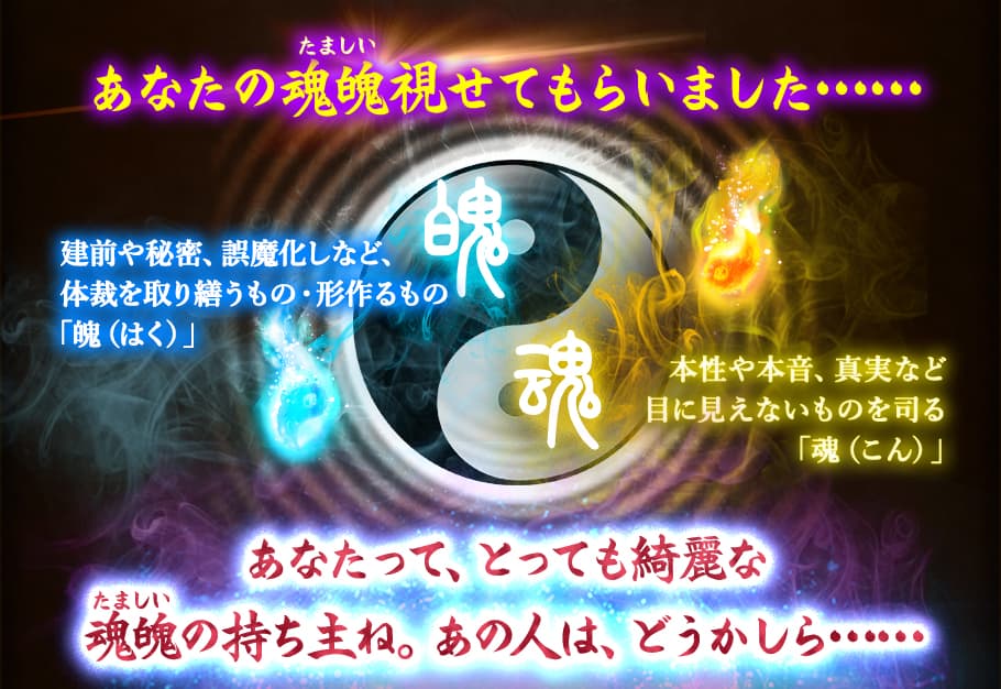 あなたの魂魄視せてもらいました…… 建前や秘密、誤魔化しなど、体裁を取り繕うもの・形作るもの「魄(はく)」 本性や本音、真実など目に見えないものを司る「魂(こん)」 あなたって、とっても綺麗な魂魄の持ち主ね。あの人は、どうかしら……